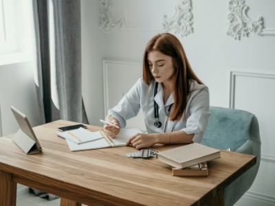 Picture of Doctor at her desk referring a patient